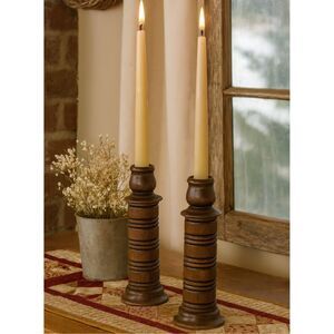 HOMCO Wooden Spool Candlestick Holders Brass Inserts Felted Bottom VTG Set of 2